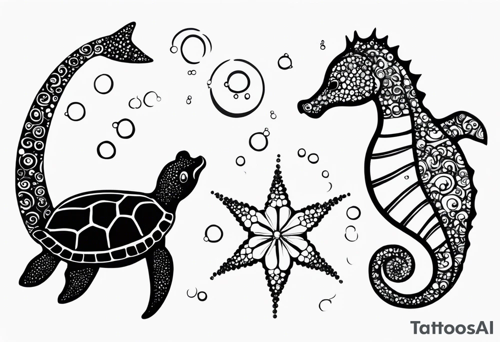 Small Starfish, Seahorse and turtle in a vertical line with bubbles tattoo idea
