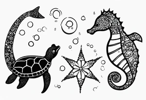Small Starfish, Seahorse and turtle in a vertical line with bubbles tattoo idea