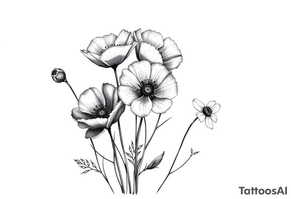 A cluster of wildflowers or poppies, with solid black shadows at the base and lighter stippling toward the petals. Some flowers can be in full bloom while others start to wilt or fall apart, symbolizing the passage of time. tattoo idea