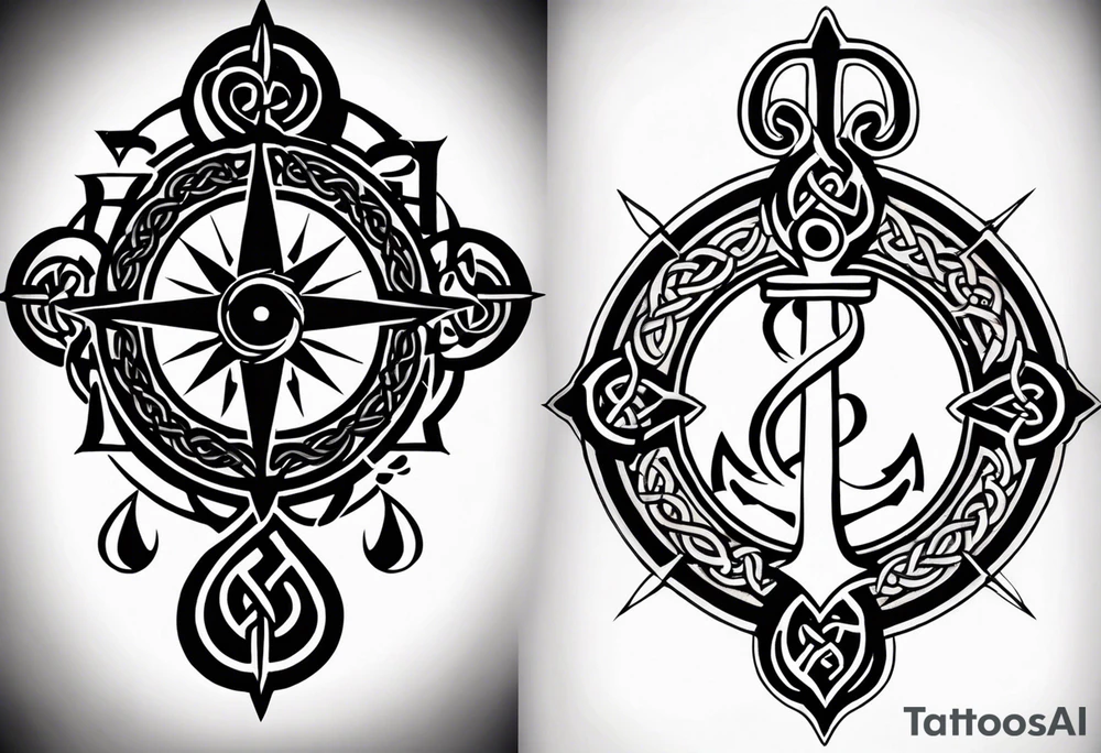 Celtic styling, anchor, compass, bass clef note, treble clef note, dog paw print, half sleeve, forearm tattoo idea