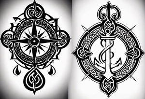 Celtic styling, anchor, compass, bass clef note, treble clef note, dog paw print, half sleeve, forearm tattoo idea