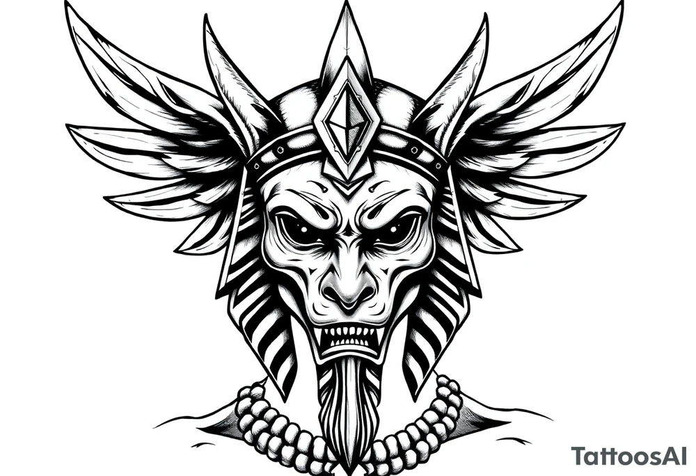 powerful majestic square muscle anubis Egyptian god face mix with joker
without eyes with mantle on head tattoo idea
