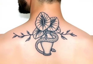 Decorative vase with monstera leaves and a snake wrapped around tattoo idea