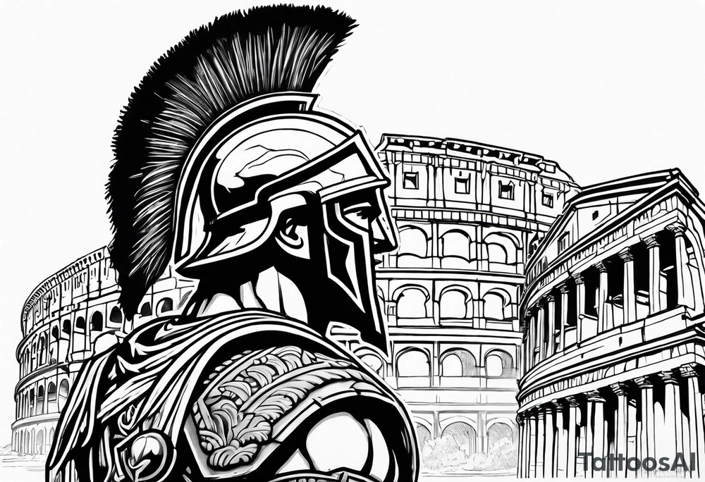 Side profile of spartan soilder with Roman buildings tattoo idea
