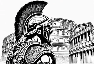 Side profile of spartan soilder with Roman buildings tattoo idea