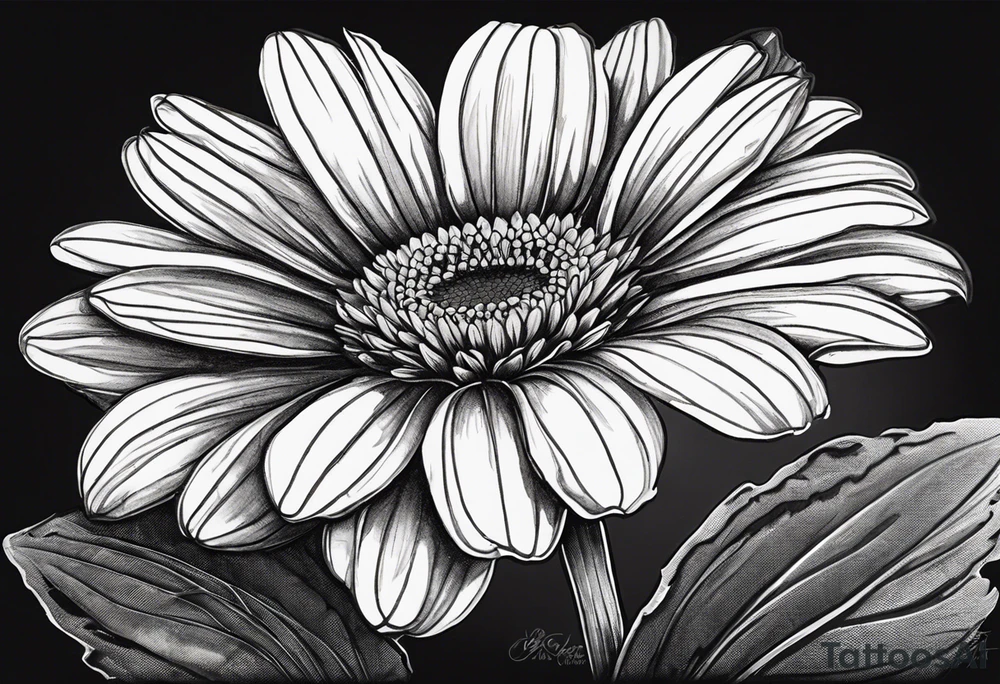 Create a tattoo of a flat topped granite rock with a base under the ground line that is pointed and deep, surrounded by freshly tilled and raked soil ready to be planted and under ground in front of the rock, a seed planted and pushing through the soil with a beautiful orange Gerber daisy tattoo idea