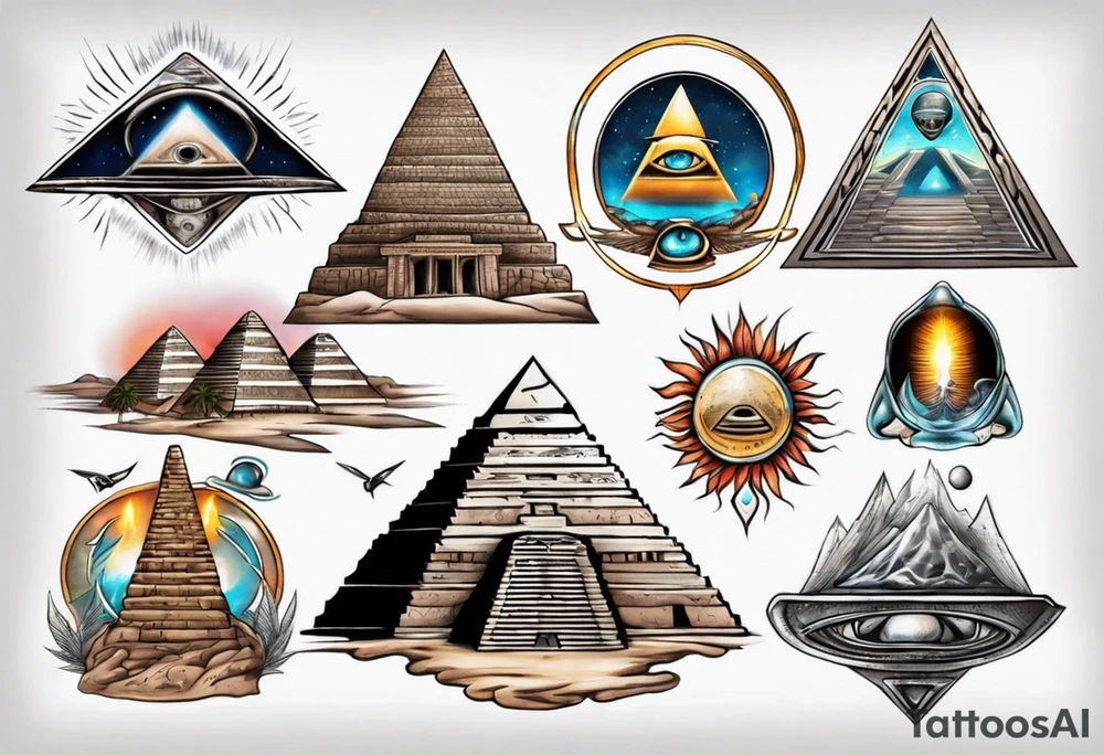 Pyramids and UFOs surrounded by spiritual energy tattoo idea