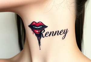 Seductive Stain from lipstick kiss with name Reney lowercase with drool tattoo idea