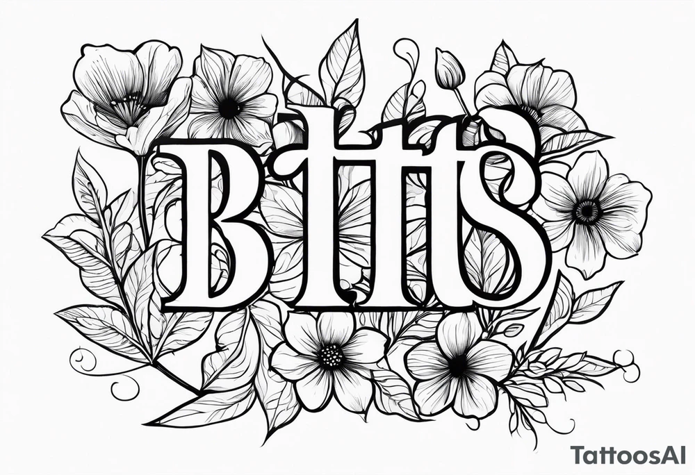 The letters "BTTS" written in a flower stem tattoo idea
