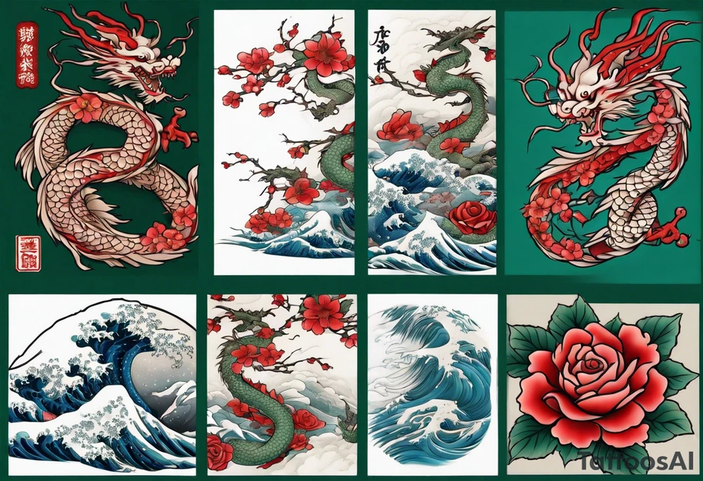 Japanese floral cherry blossom and irezumi back ground in filler for a green traditional Chinese dragon and great waves and red rose and blue butterfly tattoo tattoo idea