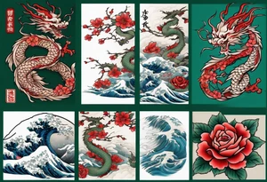 Japanese floral cherry blossom and irezumi back ground in filler for a green traditional Chinese dragon and great waves and red rose and blue butterfly tattoo tattoo idea