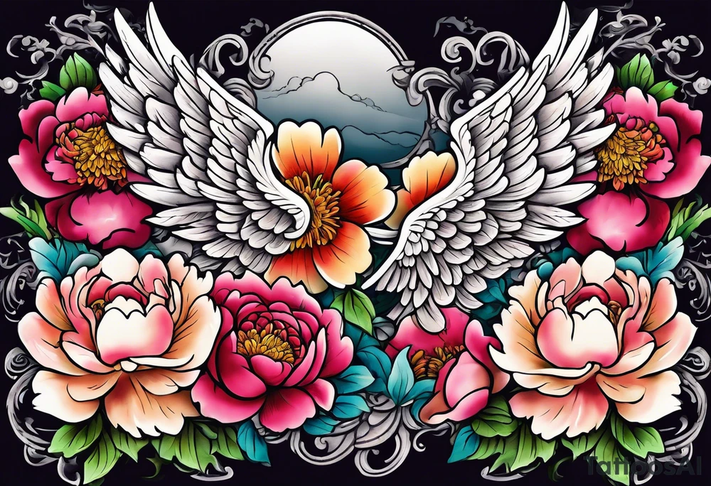 beautiful angel wings with colorful, peonies. beautiful flilligree in the background , full color, traditional old school tattoo idea