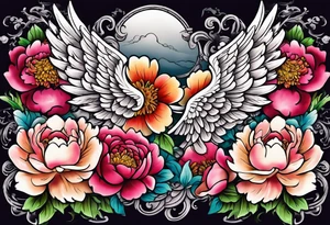 beautiful angel wings with colorful, peonies. beautiful flilligree in the background , full color, traditional old school tattoo idea