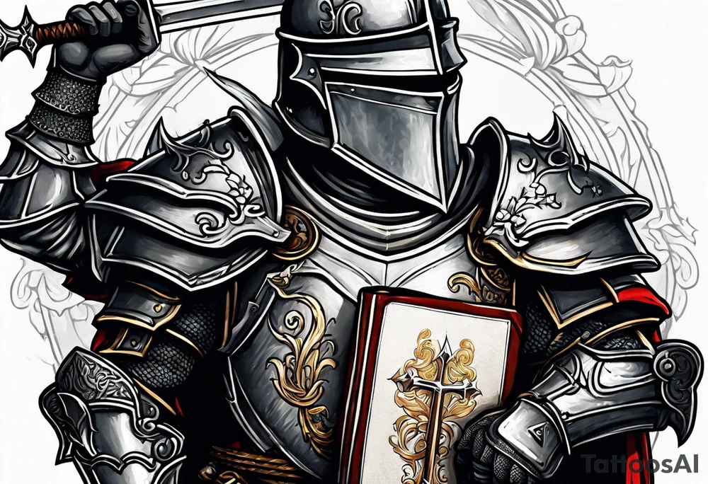 knight holding a bible over his head in combat tattoo idea