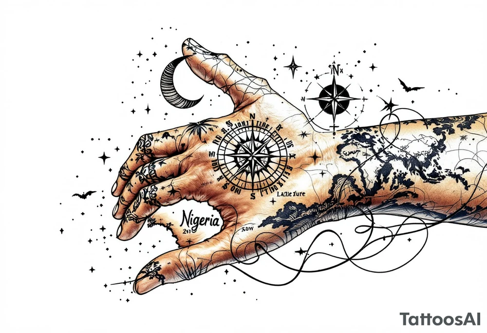 Compass on the hand in the shape of Nigeria with longitude written on the top and latitude written on the bottom. Draw lines from a treasure map connecting from the arm to the tattoo tattoo idea