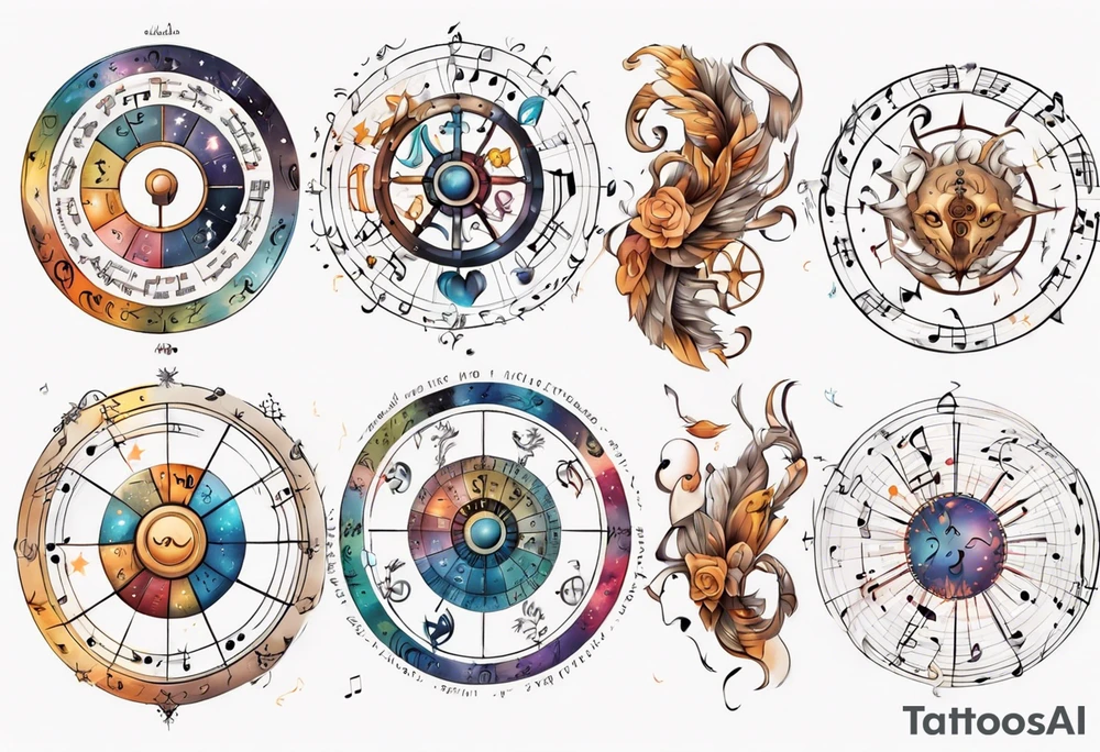 A zodiac wheel with music notes instead of astrology signs tattoo idea