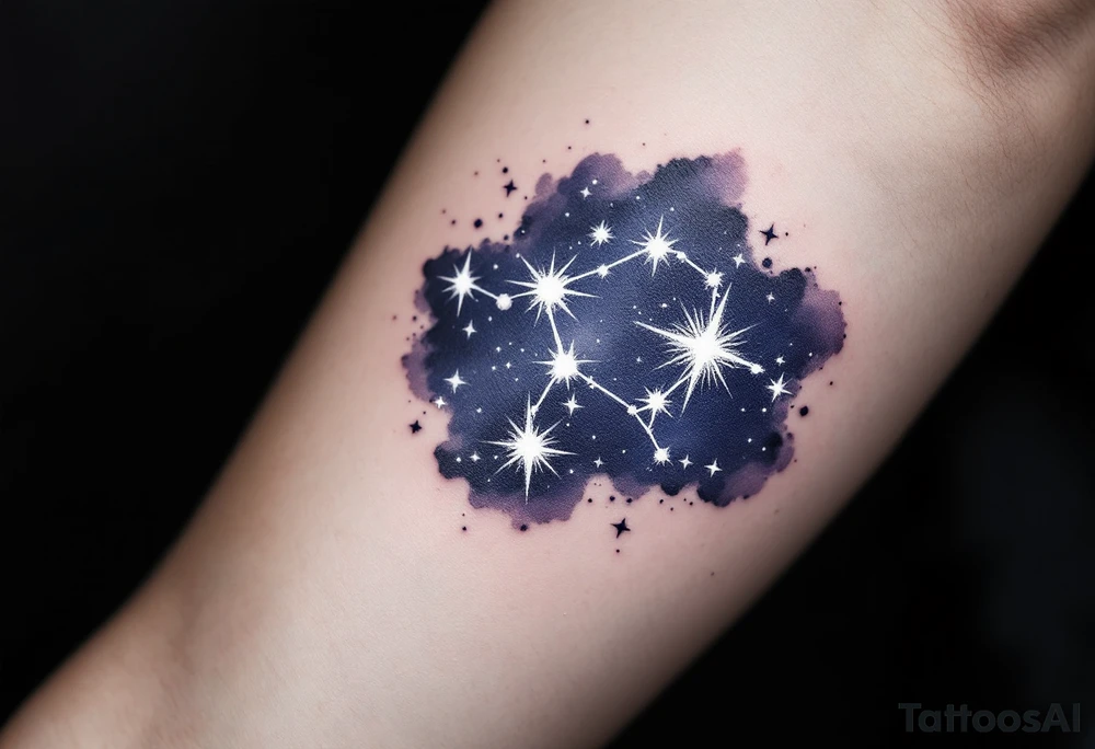 The Aries star constellation sparkles in white ink on a deep navy background, symbolizing the fire sign’s place among the stars. tattoo idea