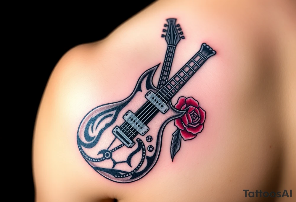 A detailed electric guitar with silver strings, draped in chains, with a rose blooming from the neck, symbolizing the power of love and music together tattoo idea