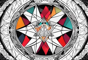 5 interlocking circles, surrounded by hollow triangles, straight lines connecting all shapes tattoo idea