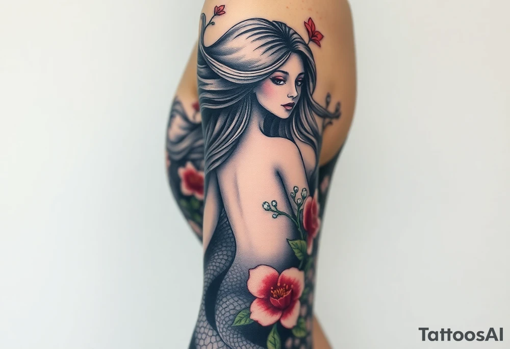 ethereal mermaid with flowing hair among coral and sea flowers tattoo idea