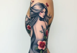 ethereal mermaid with flowing hair among coral and sea flowers tattoo idea