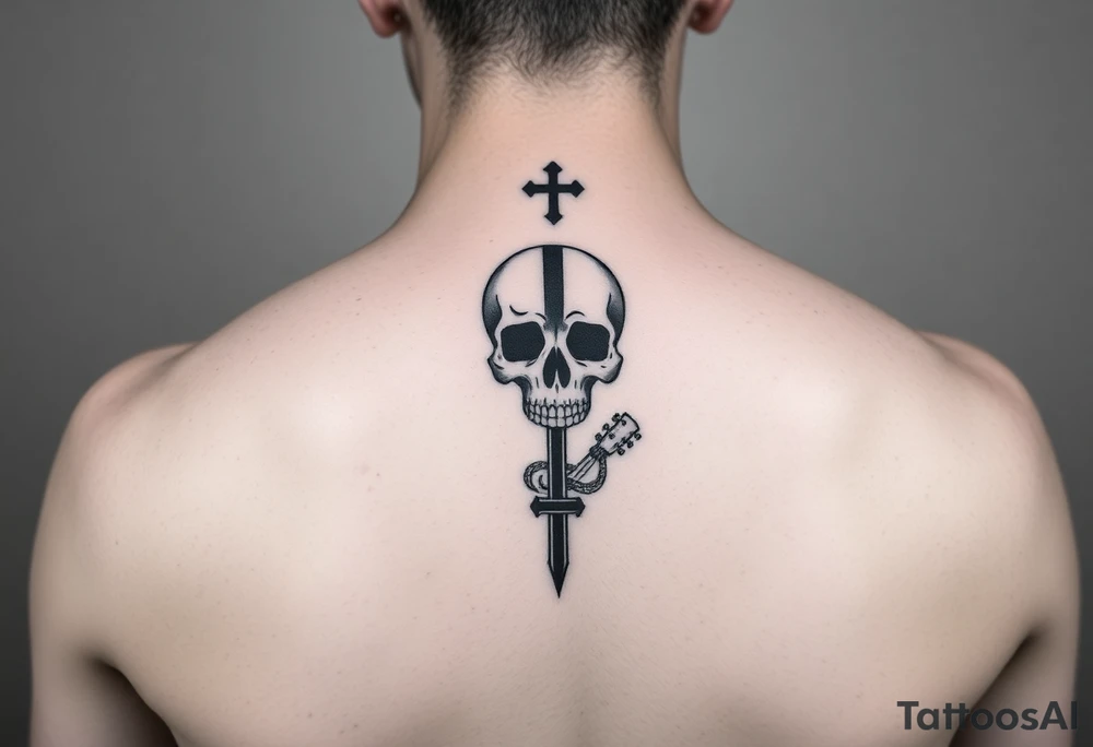 I would like to get a tattoo of a skull and a cross and in a guitar for your upper arm that would be covered with a sleeve and I want it just black and gray tattoo idea