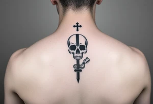 I would like to get a tattoo of a skull and a cross and in a guitar for your upper arm that would be covered with a sleeve and I want it just black and gray tattoo idea