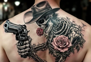 a full body skeleton cowboy gunslinger with a rose in his mouth. tattoo idea