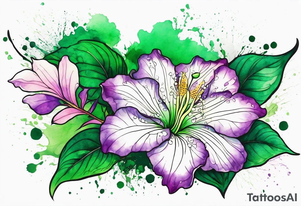 An outline of a green rio dipladenia flower and a green and purple watercolor splash in the background tattoo idea