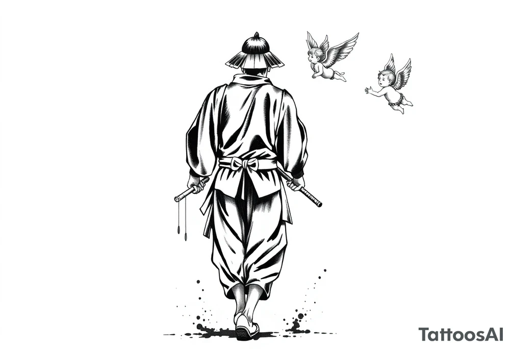 "Blackwork tattoo illustration of a samurai walking forward, seen from behind. The samurai wears a traditional kimono and hakama, holding two long katanas in a relaxed but ready pose. To his right, a small child angel with detailed feathered wings floats in the air, gently reaching toward him with an outstretched hand. Strong contrast, dynamic ink splatters, sumi-e brush stroke effects, minimalist white background, dramatic lighting, emotional and symbolic composition, high-detail linework." tattoo idea