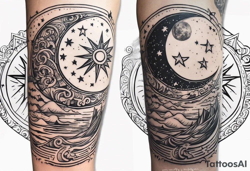 Collage for full left arm sleeve with:
a sun with a quarter moon,
2 stars,
bass guitar,
caduceus symbol tattoo idea