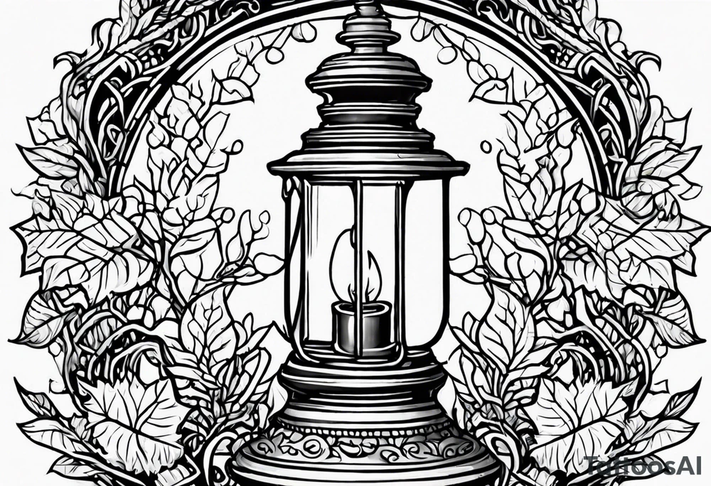 Oil lamp surrounded by leafy vines tattoo idea