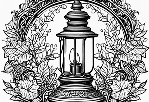 Oil lamp surrounded by leafy vines tattoo idea