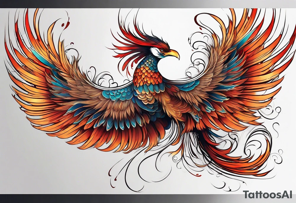 asian elegant long feathered phoenix
with a long neck, with no wings, graceful tattoo idea