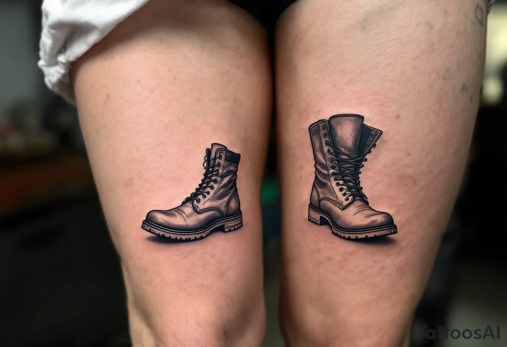 A pair of boots—one large, one tiny—side by side, outlined in black with a faint dusty blue shadow for depth. tattoo idea