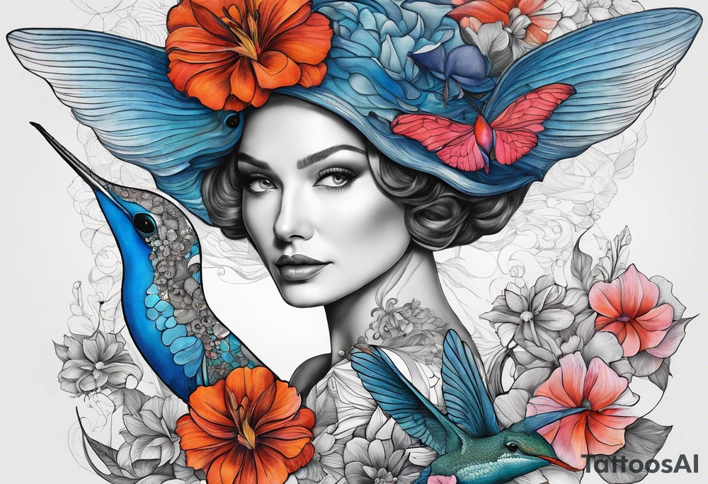 Surrealism, blue whale, hummingbird, gray lady face, flowers, bold color, collage tattoo idea