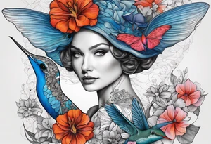 Surrealism, blue whale, hummingbird, gray lady face, flowers, bold color, collage tattoo idea