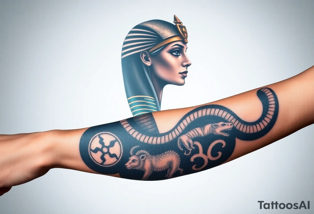 A DSLR photo of a full upper arm tattoo on a man's right arm, from neck to below the elbow. The tattoo shows the Egyptian goddess Renenutet with a serene and powerful female face, shaded with lifelike detail. Her eyes are vivid blue with white highlights. She wears a war crown (Mut or Isis style, with horns and a solar disk), and an ankh on the forehead. Her hair blends into a cobra hood that transitions into the serpent’s body wrapping around the entire arm. The cobra’s scales are deeply shaded black with white edge accents and subtle blue highlights on the back. The body coils protectively around the forearm, encircling three symbols: twin faces (Gemini), a lion’s head in relief (Leo), and a Capricorn with a horned goat and fish tail, each embedded in the snake’s body or stylized medallions. The tattoo glows slightly with white ink accents, giving it a vibrant, almost living presence. Photographed in soft studio lighting to highlight texture and shading, with visible skin grain and depth of ink. tattoo idea
