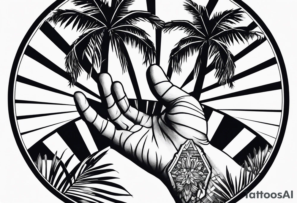 a skeleton hand and palm trees tattoo idea