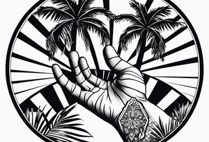 a skeleton hand and palm trees tattoo idea