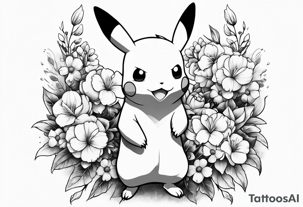 Pikachu Holding bouquet of flowers in front of him tattoo idea