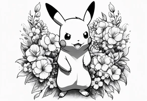 Pikachu Holding bouquet of flowers in front of him tattoo idea