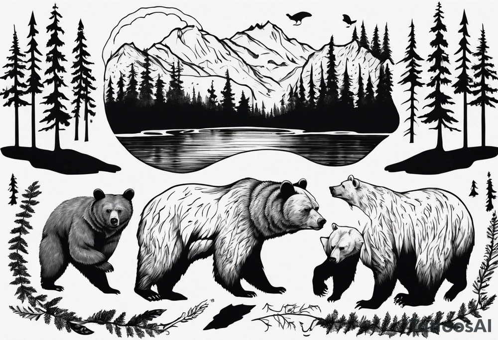 bear, forest, lake, appalachia, arm sleeve tattoo tattoo idea