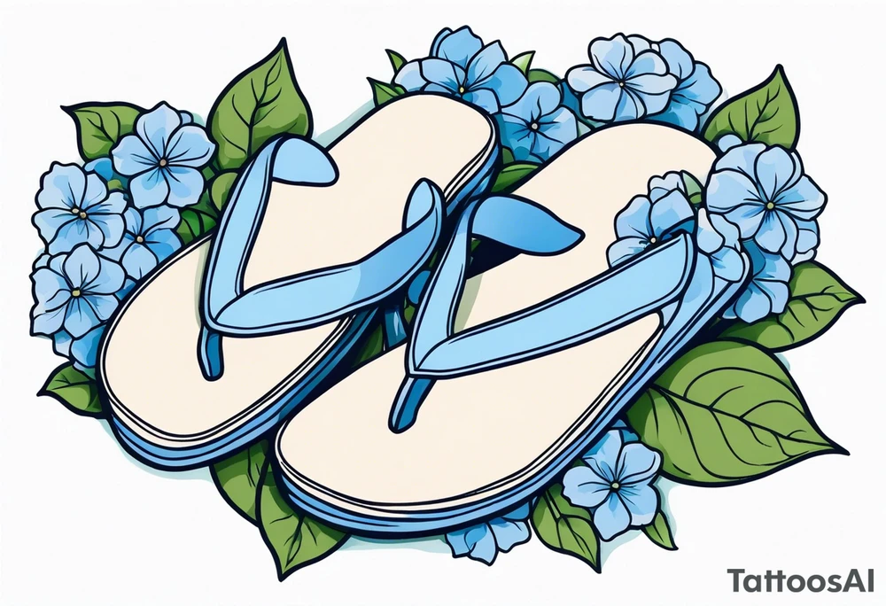 small tattoo of a pastel blue flip flop surrounded by blue and periwinkle hydrangea flowers with green leaves tattoo idea