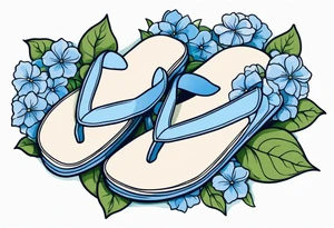 small tattoo of a pastel blue flip flop surrounded by blue and periwinkle hydrangea flowers with green leaves tattoo idea
