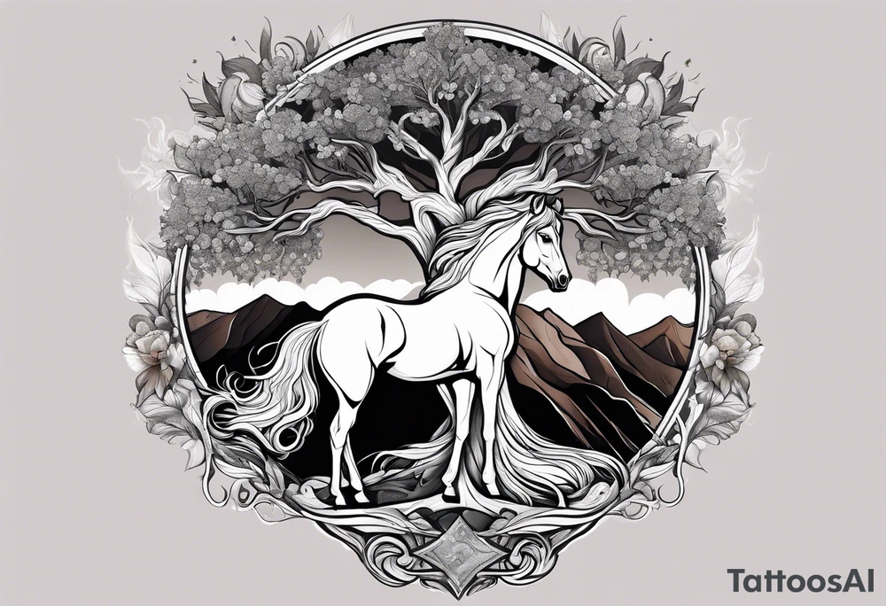 Realistic Horse and Yggdrasil tree tattoo idea