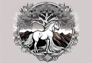 Realistic Horse and Yggdrasil tree tattoo idea