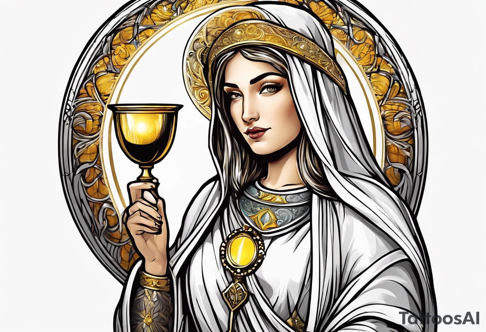 holy saint woman with golden halo holding a chalice tattoo idea