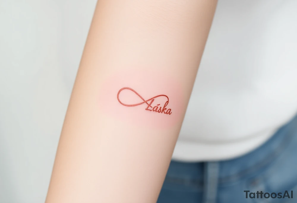 A delicate thin-line infinity sign in soft rose gold, with "Láska" in elegant cursive script integrated into the flow tattoo idea