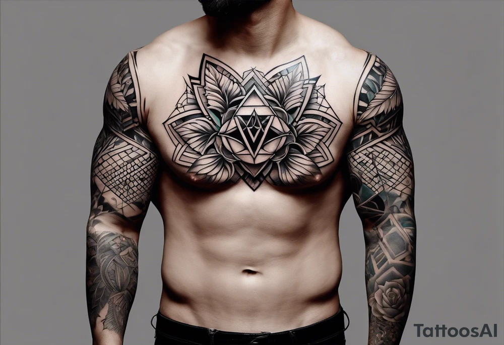 full sleeve tattoos for men with sacred geometry mixed tropical theme going from left chest to left hand with black outlines used throughout. Mixed with tropical flowers. tattoo idea